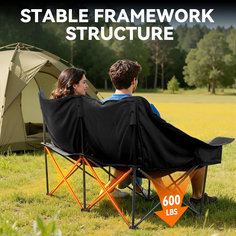 Huskfirm Double Camping Chair Oversized Padded Camping Chairs for Adults Folding Loveseat with Cup Holders and Side Pockets Heavy Duty Outdoor Lawn Chairs for Camping,Sports, Fishing,Beach,Black - Image 4