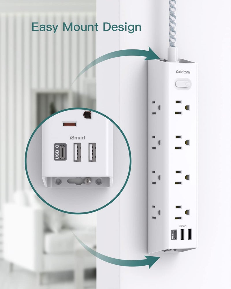 Addtam Surge Protector Power Strip - 10 FT Extension Cord, Power Strip with 12 Widely AC Outlet 3 USB, Flat Plug, Wall Mount Overload Protection, 1050J, Desk Charging Station for Home Office, ETL Listed - Image 5