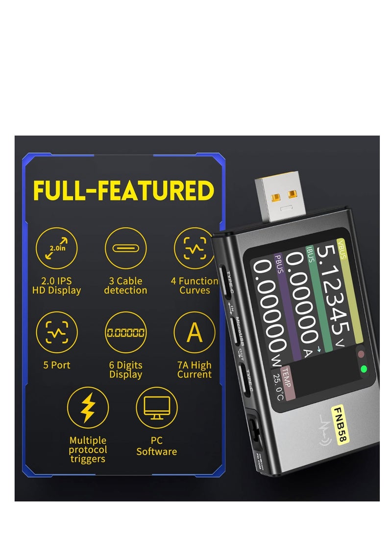 FNIRSI - FNB58 USB Tester, USB Voltage Meter PD Trigger Digital Voltmeter Current Tester USB Type-C Fast Charging Protocol Capacity Tester Protocol Power Detection Max 7A Ammeter Tool Voltmeter - Image 1