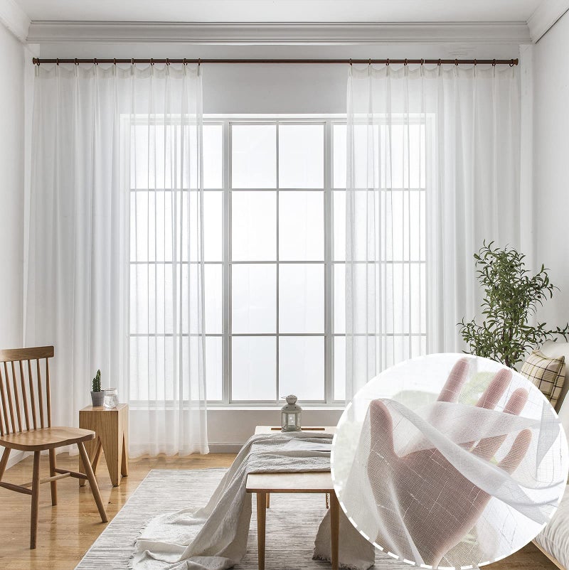 Ftinala Off White Sheer Curtains 96 Inches Long 2 Panels Thin Linen Textured Curtain for Living Room Rustic Ivory See Through Window Decor DIY Pinch Pleat Drapes for Track System