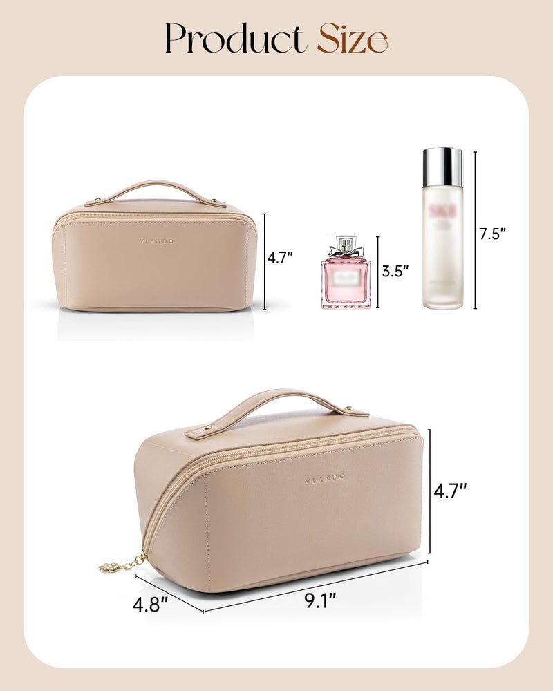 Vlando Makeup Bag,Large Capacity Travel Toiletry Bag,Cosmetic Bags for Women PU Leather Waterproof Portable Pouch with Divider & Handle-Toffee - Image 4