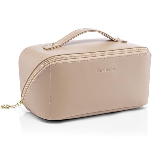 Vlando Makeup Bag,Large Capacity Travel Toiletry Bag,Cosmetic Bags for Women PU Leather Waterproof Portable Pouch with Divider & Handle-Toffee - Image 1