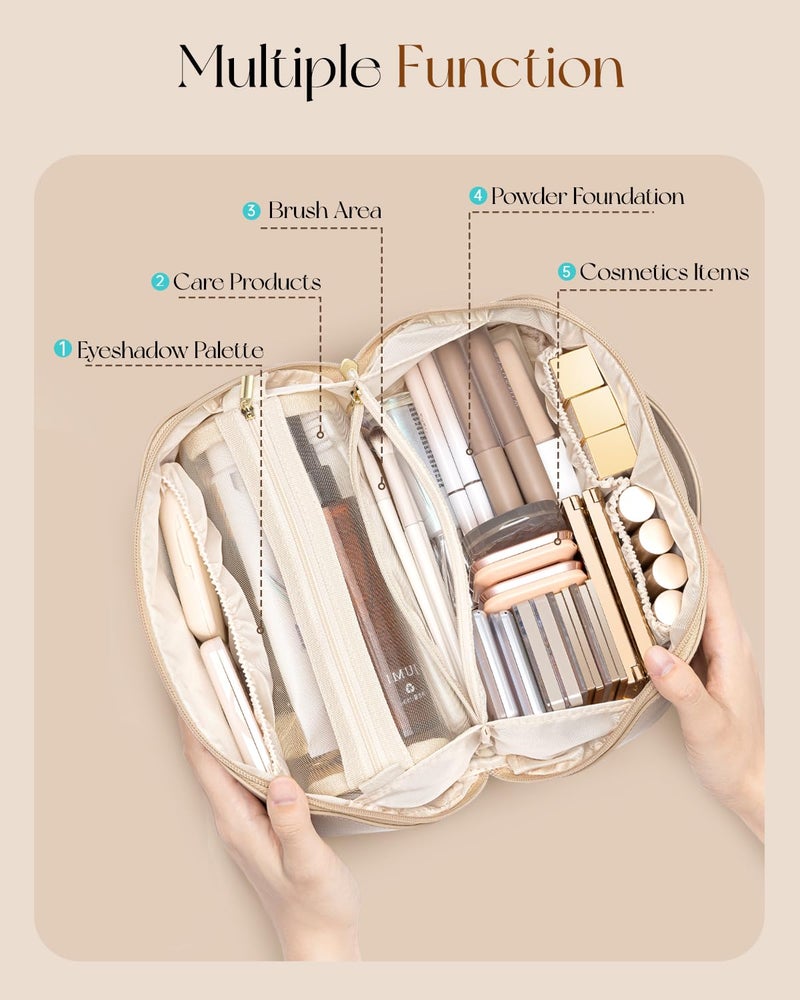 Vlando Makeup Bag,Large Capacity Travel Toiletry Bag,Cosmetic Bags for Women PU Leather Waterproof Portable Pouch with Divider & Handle-Toffee - Image 2