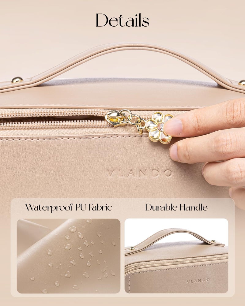 Vlando Makeup Bag,Large Capacity Travel Toiletry Bag,Cosmetic Bags for Women PU Leather Waterproof Portable Pouch with Divider & Handle-Toffee - Image 3