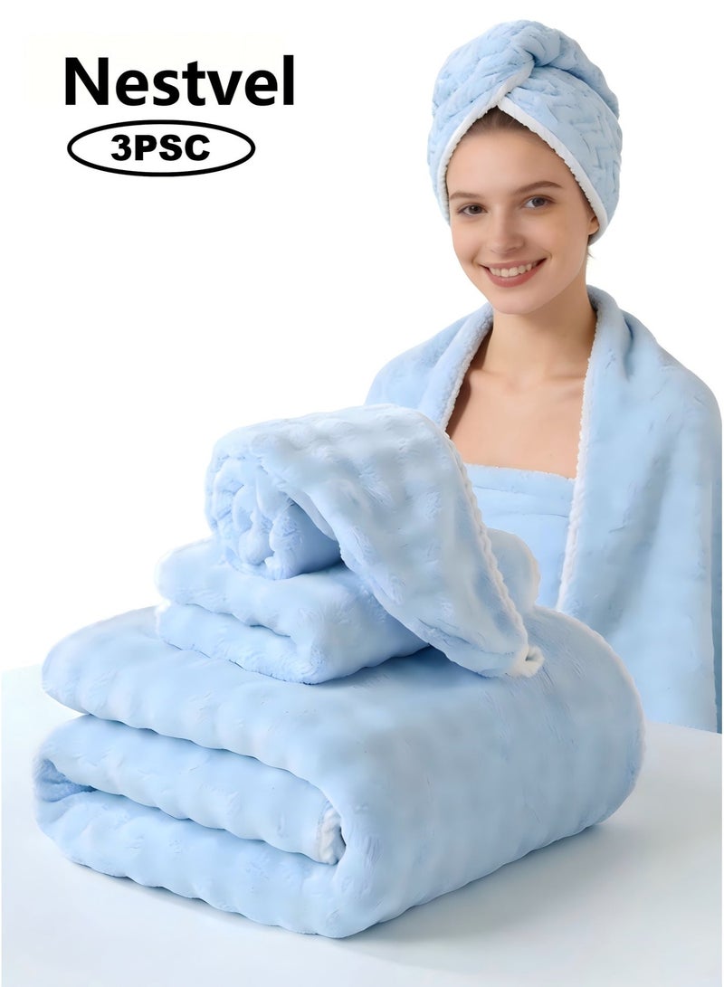 Nestvel Bath Towel Large( 90*170CM ),Bath Towel Set -3PCS Includes ( 90*170CM )Bath Towel,(35*75CM) Hand Towel,(25*65CM) Bath Cap,Quick Dry Highly Absorbent Thick Bathroom Soft Hotel Towels for Bath And Spa,Bathroom Towels Set is Soft and Gentle,Highly Absorbent,Blue,Bath Towel 90*170CM,Bath Towel for Women,Bath Towel for Ladies - Image 1