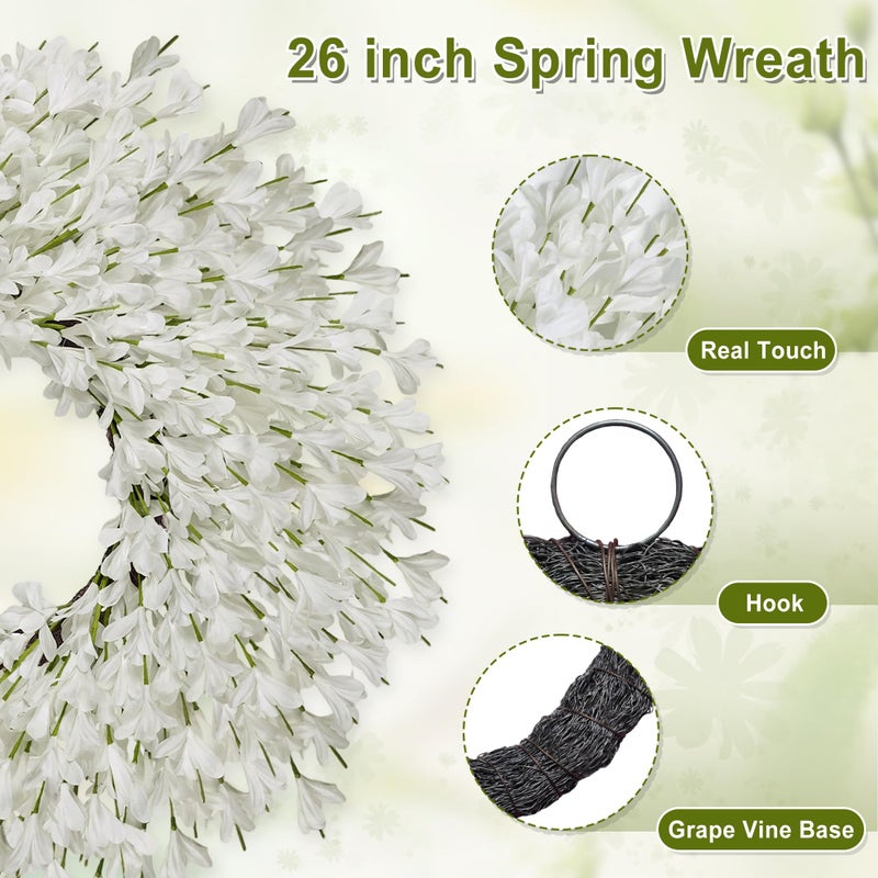 RHTRJ 26 Inch Spring Wreaths for Front Door Large Easter Valentines Forsythia Floral Summer Spring Door Wreaths Outdoor All Season Spring Decorations for Home Porch Room Window Wall Farmhouse Decor(White-R) - Image 3