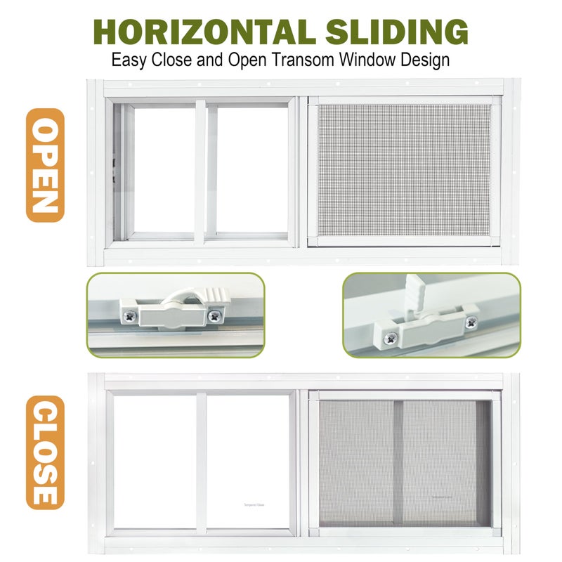 BOBIBAN 2 Pack Shed Windows, 10"x 18" White Sliding Window Suitable for Chicken Coop, shed, Household, Barn - Transom Window with Tempered Glass and Fiberglass Screen(WH,10''x 18'') - Image 5