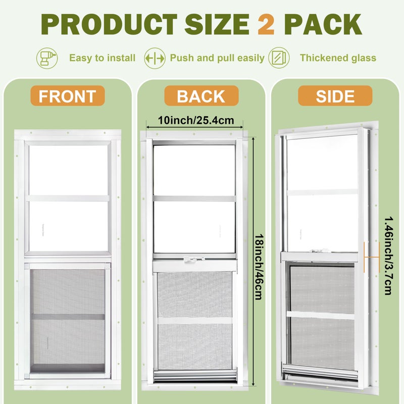 BOBIBAN 2 Pack Shed Windows, 10"x 18" White Sliding Window Suitable for Chicken Coop, shed, Household, Barn - Transom Window with Tempered Glass and Fiberglass Screen(WH,10''x 18'') - Image 3