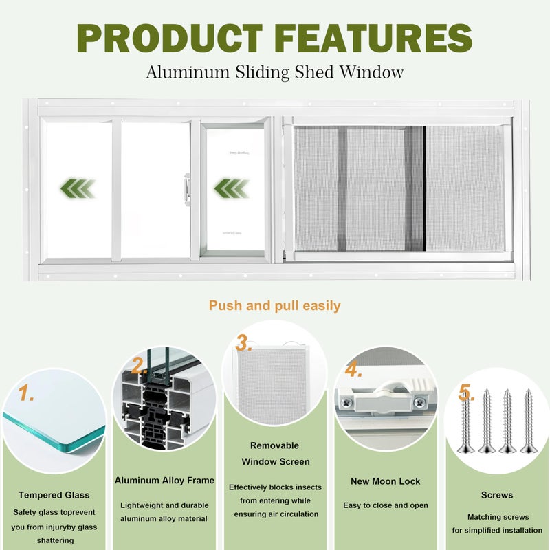 BOBIBAN 2 Pack Shed Windows, 10"x 18" White Sliding Window Suitable for Chicken Coop, shed, Household, Barn - Transom Window with Tempered Glass and Fiberglass Screen(WH,10''x 18'') - Image 4