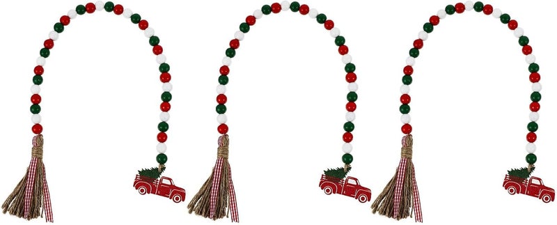 FUOYLOO Rustic Wood Bead Garland with Tassels and Home Holiday Ambiance Enhancement Farmhouse Style 3pcs Wood Bead String Decor, Flexible Jute Rope Hanging Ornament for Tiered Tray - Image 1
