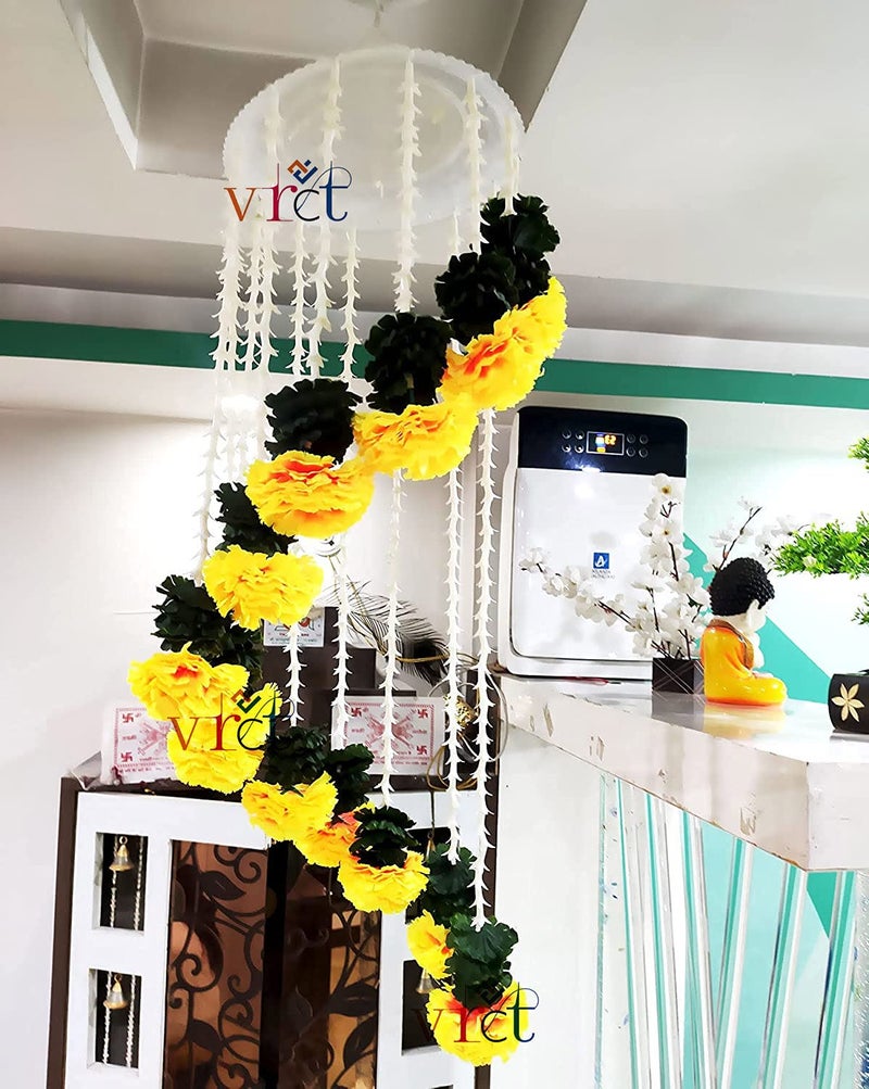 VRCT Artificial Marigold Flowers Hanging Jhumar for Decoration (White, Yellow) - Image 1