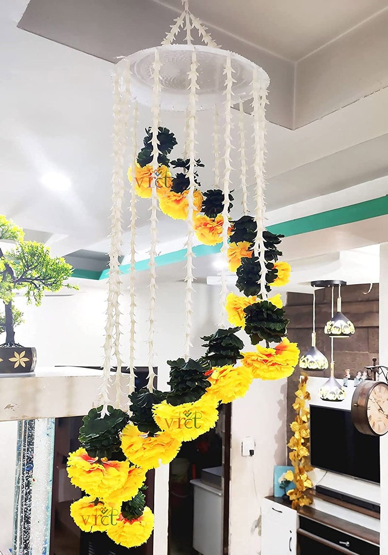 VRCT Artificial Marigold Flowers Hanging Jhumar for Decoration (White, Yellow) - Image 3