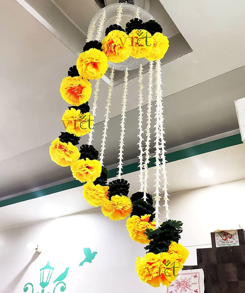 VRCT Artificial Marigold Flowers Hanging Jhumar for Decoration (White, Yellow) - Image 2