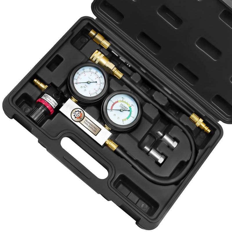 JIFETOR Cylinder Leak Down Tester Kit Professional Dual Pressure Gauges Engine Compression Leakdown Detector Leakage Test Set for Gasoline Engine with 10 12 14mm Spark Plugs on Car Truck Motorcycle