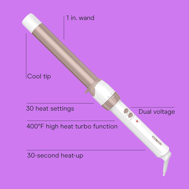 CONAIR Double Ceramic 1-Inch Curling Wand, Produces Flawless Waves, Curling Iron for Use on Medium and Long Hair, 30 Heat Setting Curling Iron, White - Image 2
