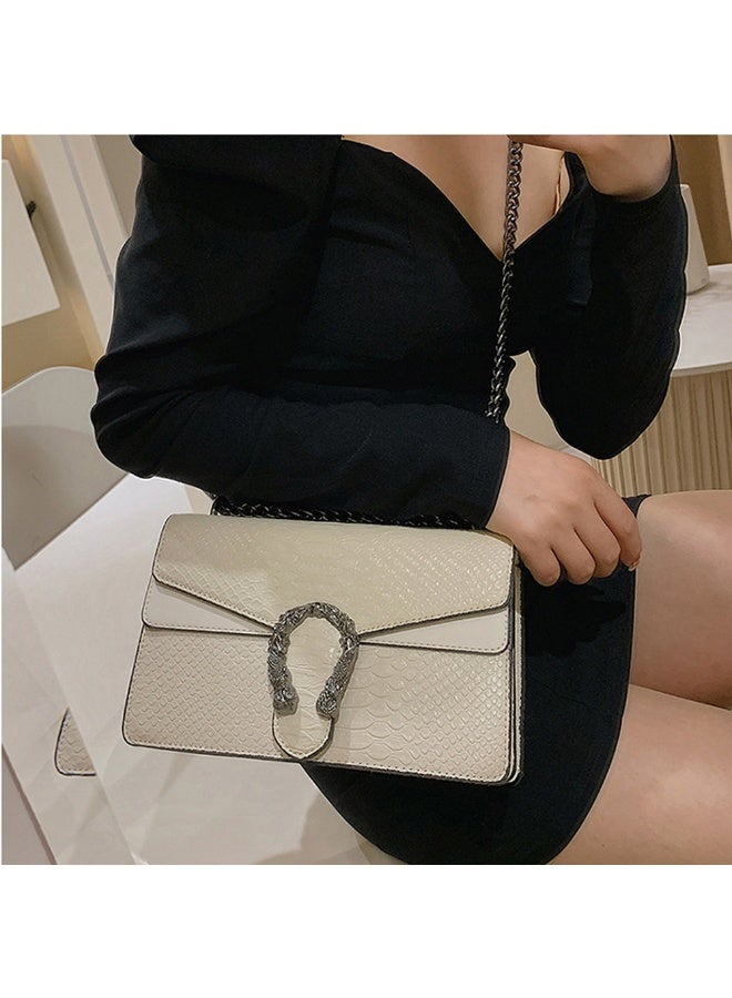 Vintage Snake Print Leather Shoulder Bag for Women Fashion Crossbody Satchel Handbag with Chain Strap Small Satchel for Daily Use White - Image 3