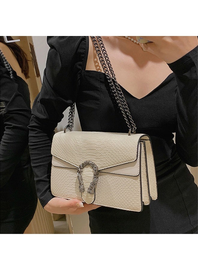 Vintage Snake Print Leather Shoulder Bag for Women Fashion Crossbody Satchel Handbag with Chain Strap Small Satchel for Daily Use White - Image 4