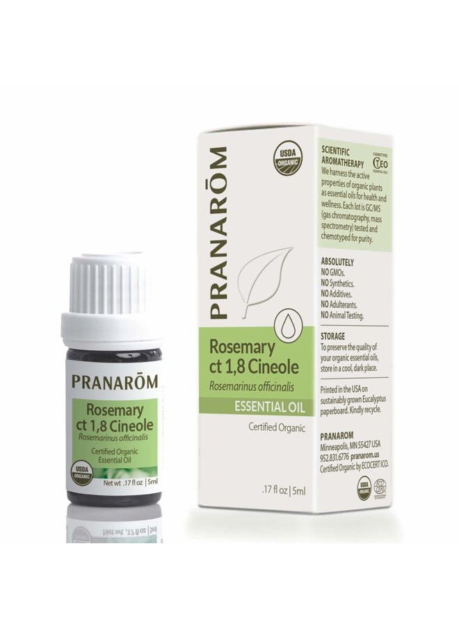 PRANAROM - USDA Certified Organic Rosemary Cineole Essential Oil (5ml), 100% Pure Undiluted Therapeutic Grade from Tunisia for Aromatherapy, Diffuser, Meditation, Massage, Relaxation - Image 1