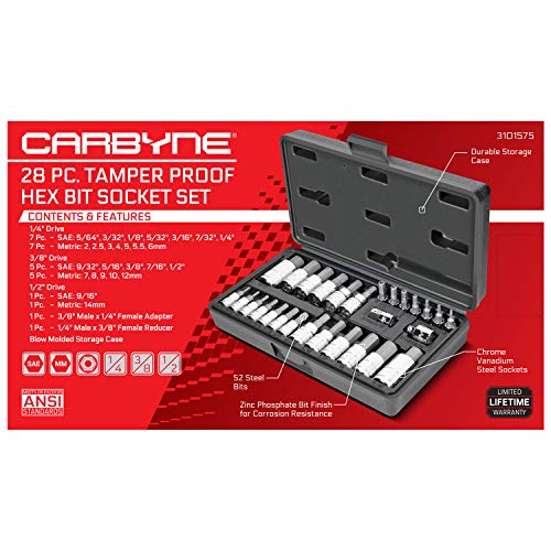 CARBYNE 28-Piece Tamper-Proof Hex (Allen) Bit Socket Set | Metric & SAE. Includes Metric 2mm - 14mm, SAE 5/64 in.- 9/16 in. S2 Steel Bits, Cr-V Sockets, Durable Case | 1/4, 3/8, & 1/2 in. Drive - Image 3