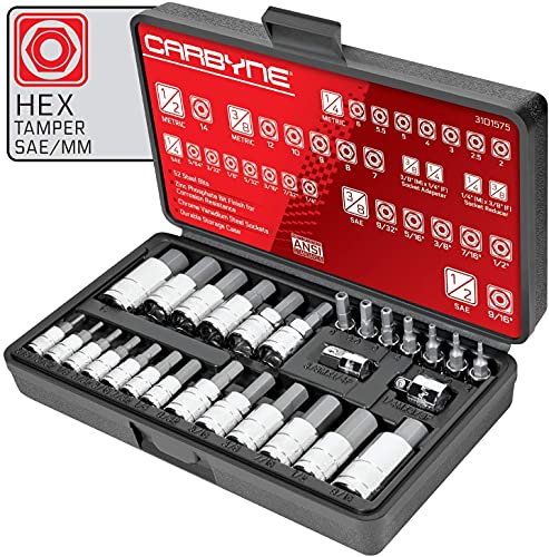 CARBYNE 28-Piece Tamper-Proof Hex (Allen) Bit Socket Set | Metric & SAE. Includes Metric 2mm - 14mm, SAE 5/64 in.- 9/16 in. S2 Steel Bits, Cr-V Sockets, Durable Case | 1/4, 3/8, & 1/2 in. Drive - Image 1