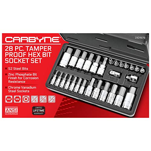 CARBYNE 28-Piece Tamper-Proof Hex (Allen) Bit Socket Set | Metric & SAE. Includes Metric 2mm - 14mm, SAE 5/64 in.- 9/16 in. S2 Steel Bits, Cr-V Sockets, Durable Case | 1/4, 3/8, & 1/2 in. Drive - Image 2
