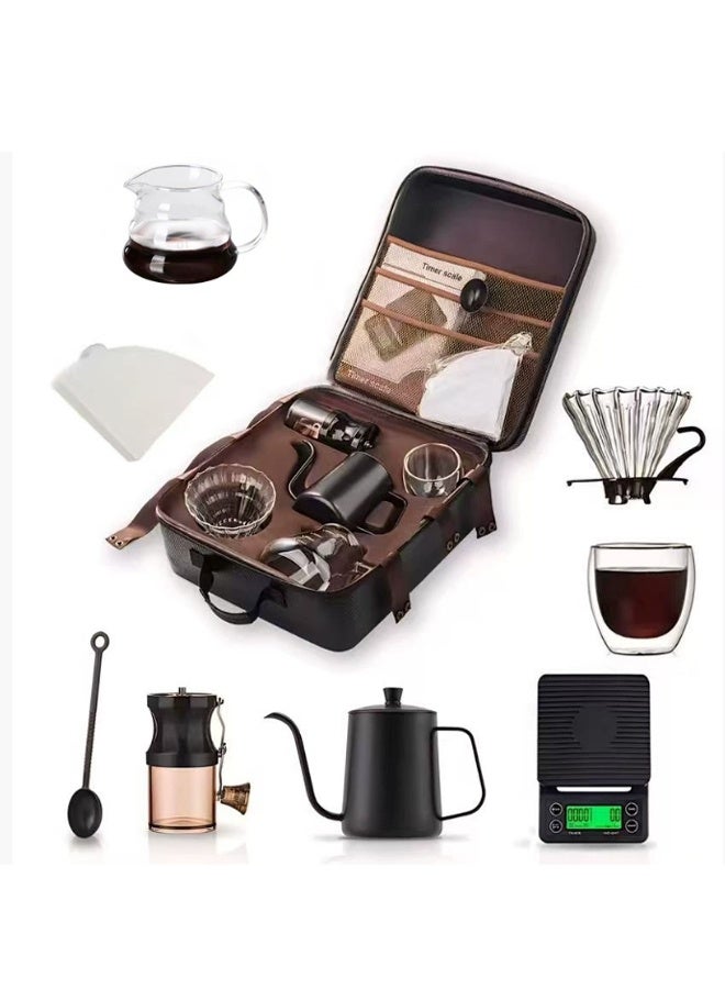 طقم قهوة V60 محمول للسفر، طقم ماكينة قهوة يدوية مع قمع زجاجي، غلاية ذات عنق معقوف، مطحنة يدوية، ميزان رقمي وحقيبة حمل - Image 1