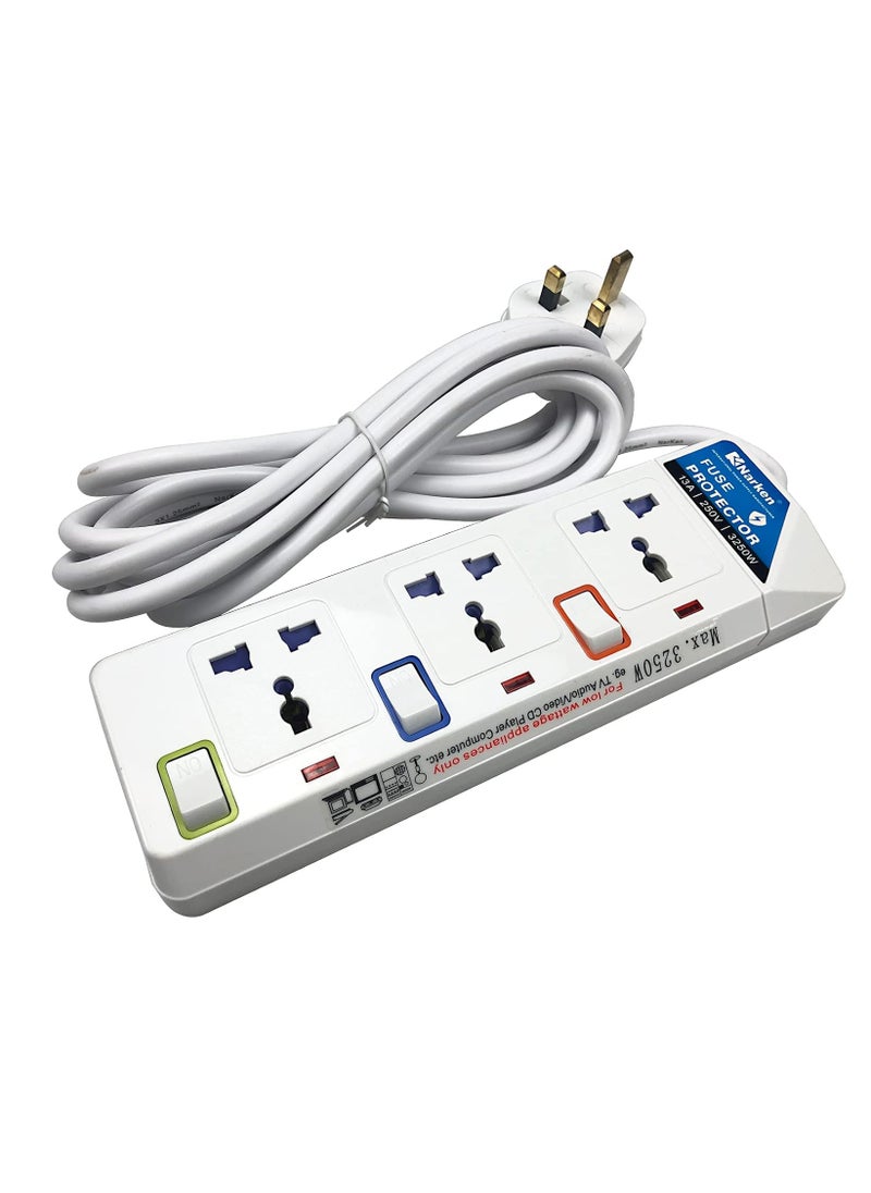 Narken E-Series Electric Universal Extension Cord 3 Socket 3 Meter Power Strip wire, 13A Fuse surge With Separate Single Switch and Indicate light, Max 13A, 3250W, AC 250V  - Image 2