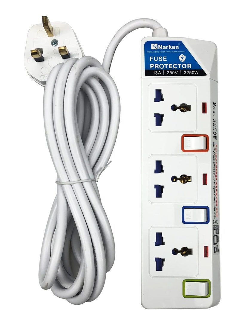 Narken E-Series Electric Universal Extension Cord 3 Socket 3 Meter Power Strip wire, 13A Fuse surge With Separate Single Switch and Indicate light, Max 13A, 3250W, AC 250V  - Image 1