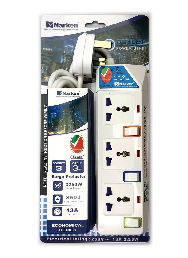Narken E-Series Electric Universal Extension Cord 3 Socket 3 Meter Power Strip wire, 13A Fuse surge With Separate Single Switch and Indicate light, Max 13A, 3250W, AC 250V  - Image 3