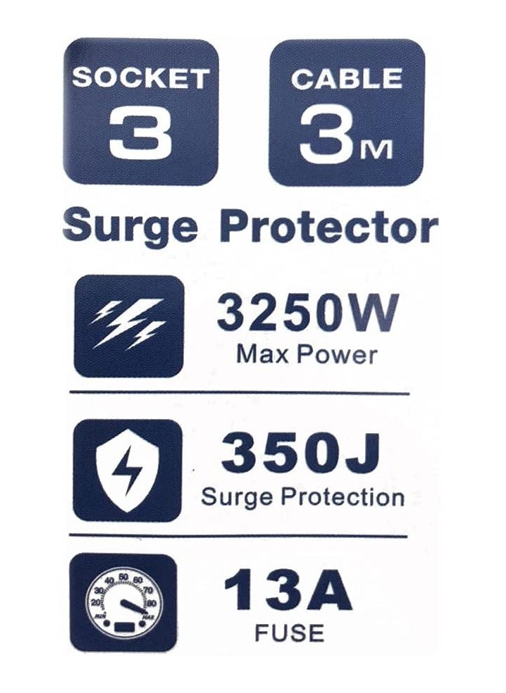 Narken E-Series Electric Universal Extension Cord 3 Socket 3 Meter Power Strip wire, 13A Fuse surge With Separate Single Switch and Indicate light, Max 13A, 3250W, AC 250V  - Image 4