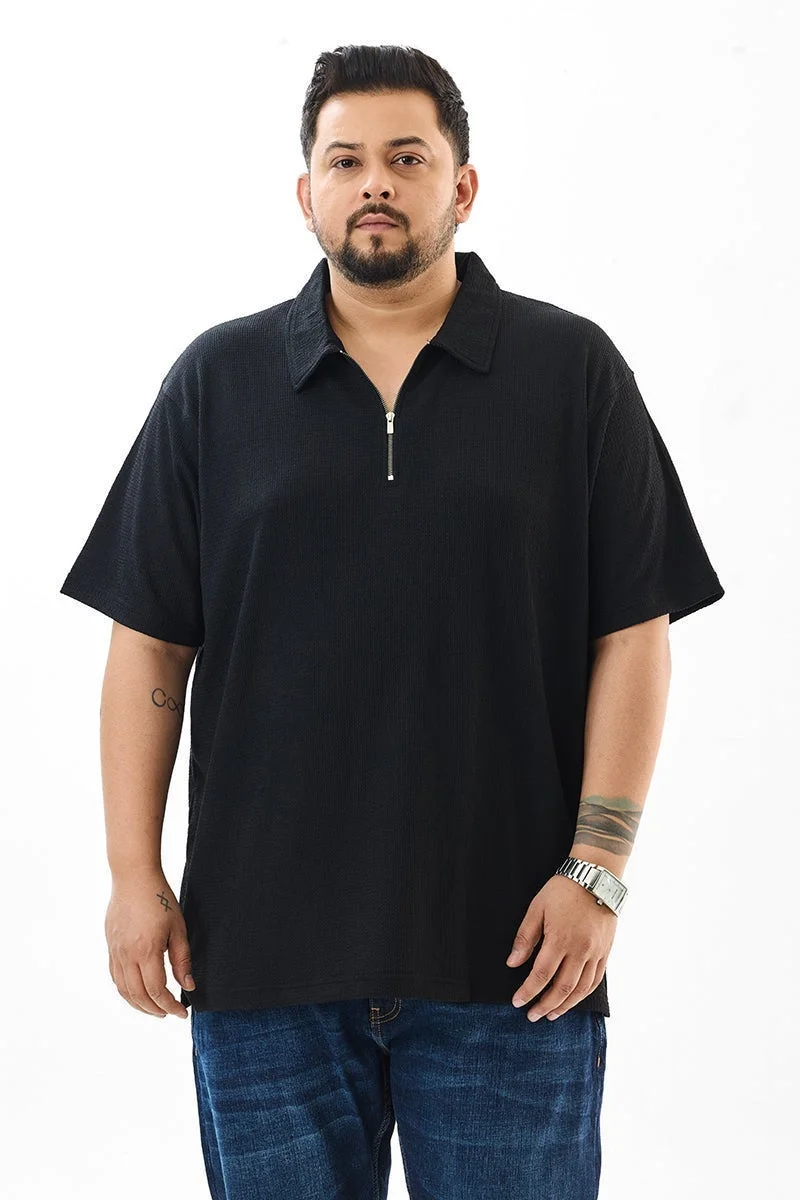 سنيتش Regular Fit Textured Black Plus Size Polo T-Shirt