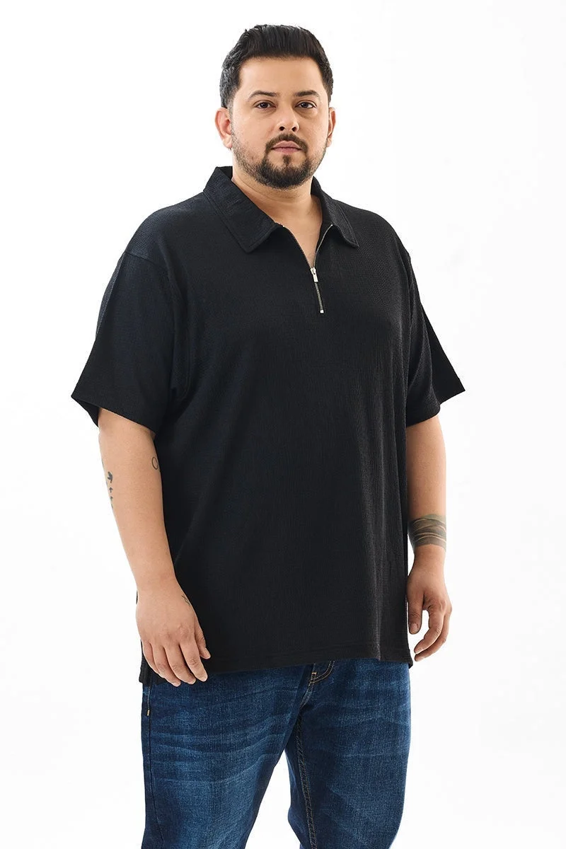 سنيتش Regular Fit Textured Black Plus Size Polo T-Shirt
