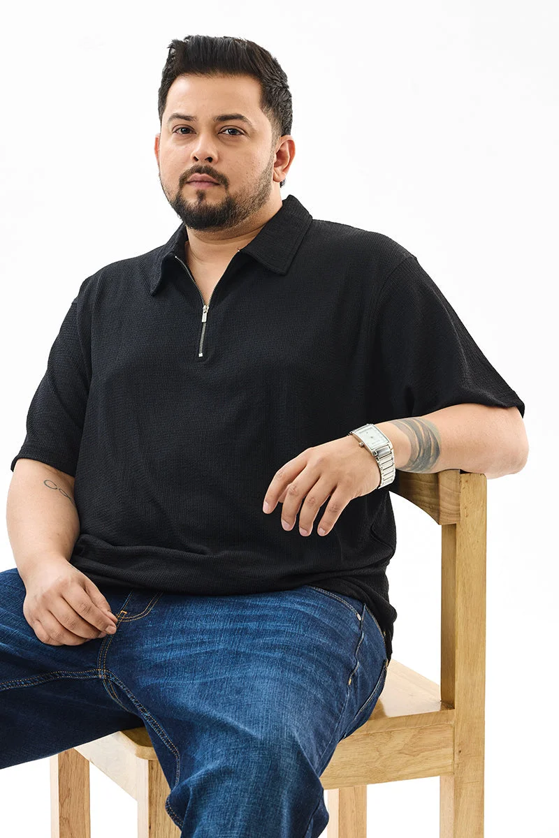 SNITCH Regular Fit Textured Black Plus Size Polo T-Shirt