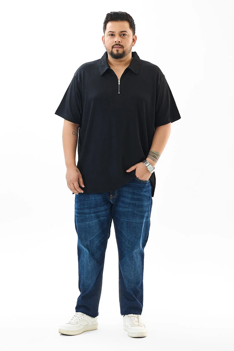 SNITCH Regular Fit Textured Black Plus Size Polo T-Shirt