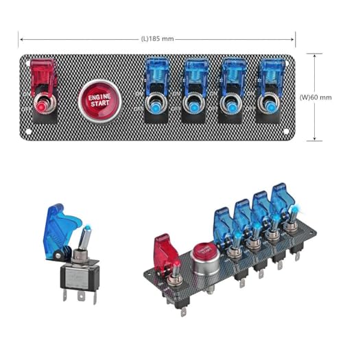 Jtron لوحة مفتاح الإشعال القابلة للرفع Jtron dc12v، 5 في 1 زر بدء تشغيل محرك السيارة مع مفتاح تبديل LED للسباقات الرياضية للسيارات التنافسية (4 أزرق 1 أحمر) - Image 3
