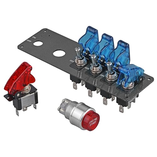 Jtron لوحة مفتاح الإشعال القابلة للرفع Jtron dc12v، 5 في 1 زر بدء تشغيل محرك السيارة مع مفتاح تبديل LED للسباقات الرياضية للسيارات التنافسية (4 أزرق 1 أحمر) - Image 5