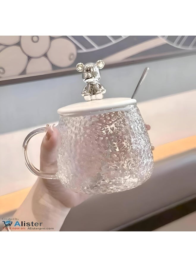 Generic Glass Mug with Lid & Bear Knob – Hammered Transparent Cup with Handle for Coffee, Tea, Juice & Desserts – Heat-Resistant Gift Mug - Image 4