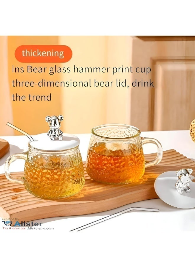 Generic Glass Mug with Lid & Bear Knob – Hammered Transparent Cup with Handle for Coffee, Tea, Juice & Desserts – Heat-Resistant Gift Mug - Image 3