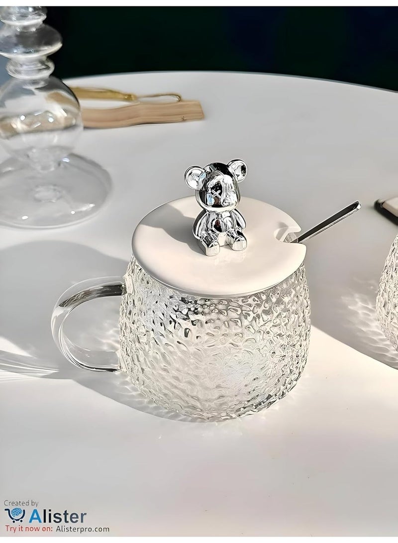 Generic Glass Mug with Lid & Bear Knob – Hammered Transparent Cup with Handle for Coffee, Tea, Juice & Desserts – Heat-Resistant Gift Mug - Image 2