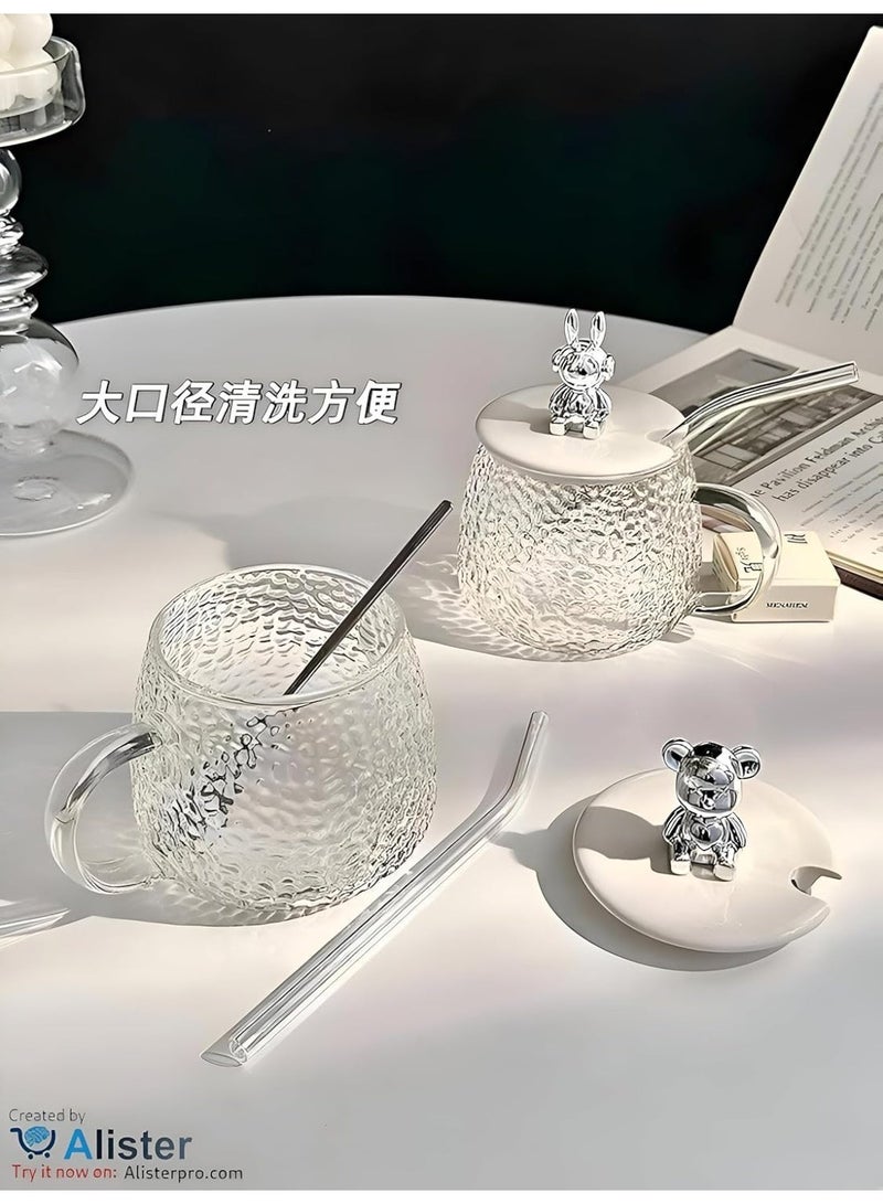 Generic Glass Mug with Lid & Bear Knob – Hammered Transparent Cup with Handle for Coffee, Tea, Juice & Desserts – Heat-Resistant Gift Mug - Image 5