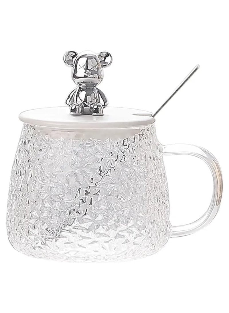Generic Glass Mug with Lid & Bear Knob – Hammered Transparent Cup with Handle for Coffee, Tea, Juice & Desserts – Heat-Resistant Gift Mug - Image 1