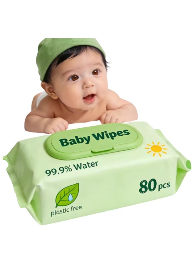 مناديل مبللة مرطبة للأطفال - 80 منديلًا - مناديل مبللة لطيفة للأطفال حديثي الولادة، واليدين، والوجه، وتنظيف الحفاضات - Image 1