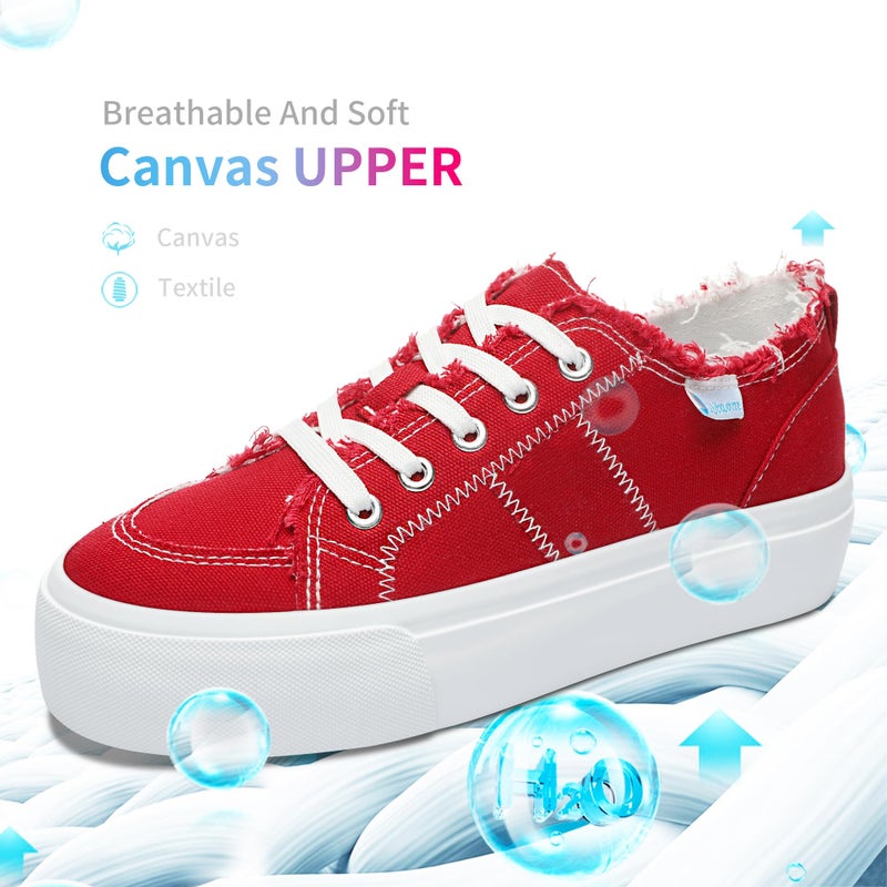 Obtaom Women Platform Canvas Sneakers White Comfort Play Fashion Sneakers Casual Lift Platform Lace Up Shoes Cute Low Top Walking Shoes for Lady(Red,US6) - Image 3