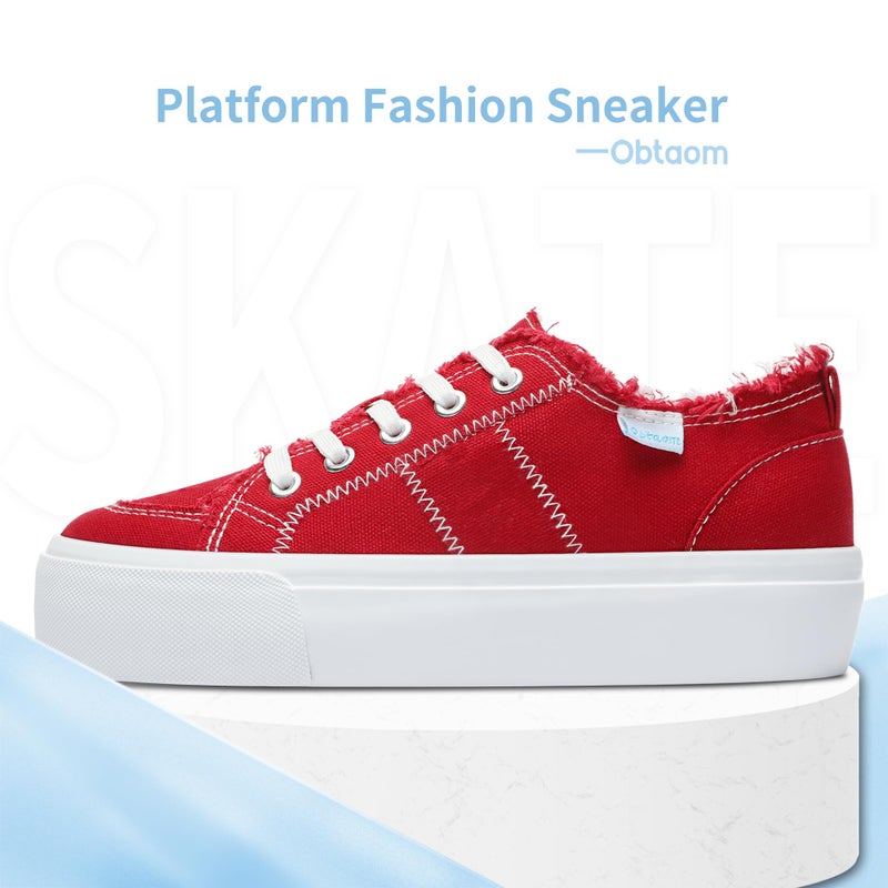 Obtaom Women Platform Canvas Sneakers White Comfort Play Fashion Sneakers Casual Lift Platform Lace Up Shoes Cute Low Top Walking Shoes for Lady(Red,US6) - Image 2