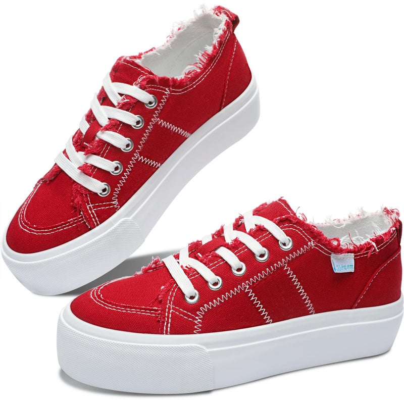 Obtaom Women Platform Canvas Sneakers White Comfort Play Fashion Sneakers Casual Lift Platform Lace Up Shoes Cute Low Top Walking Shoes for Lady(Red,US6) - Image 1