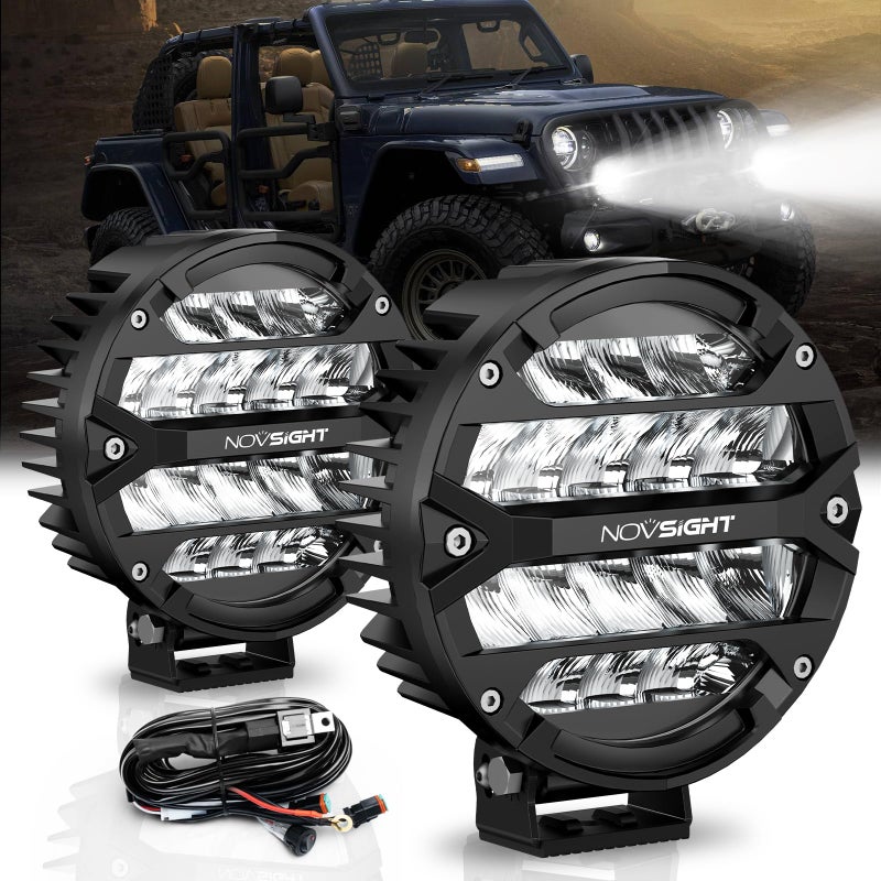 NOVSIGHT Round LED Pod Lights 7 Inch 360W Off Road Lights 48600LM Fog Ditch Bumper Driving Flood Lights for Trucks Car UTV ATV 2pcs 12V LED Lights with Rocker Switch Wiring Harness Kit