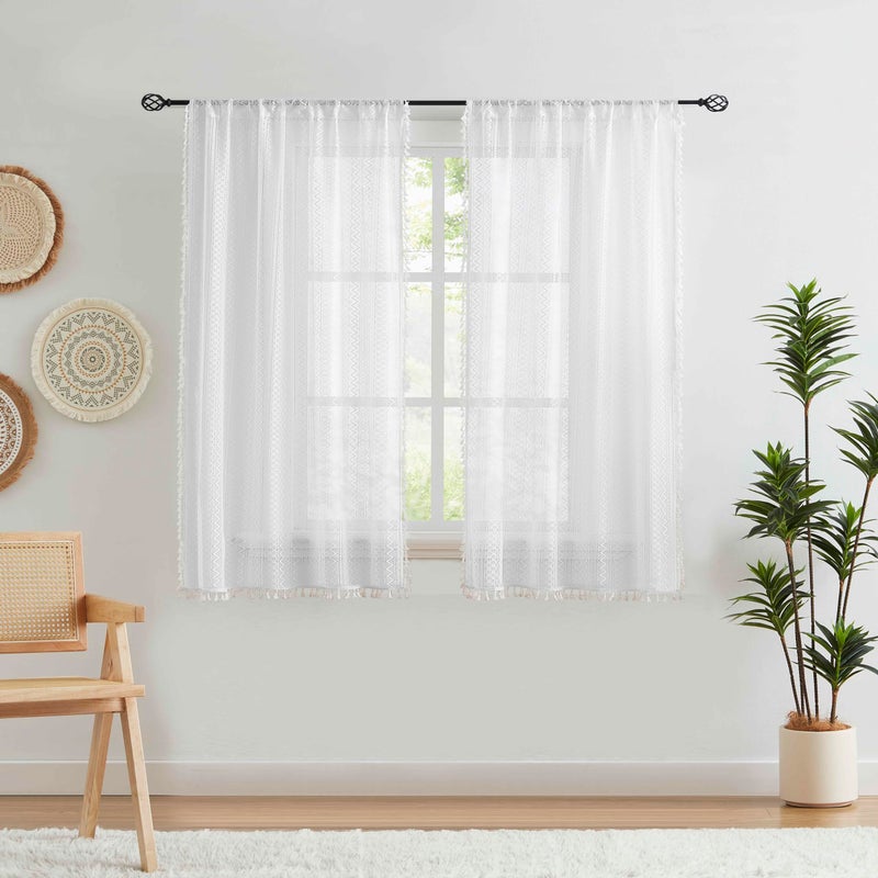 ZJDECOR White Lace Sheer Curtains 54 Inch Length Boho Geometric Pattern Curtains with Tassel 2 Panels Set for Living Room Bedroom  Rustic Linen Rod Pocket Window Treatment Drapes  40""x54""x2 - Image 2