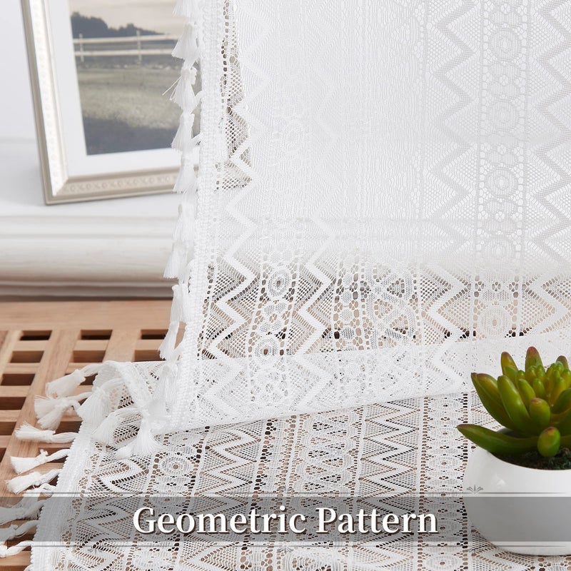 ZJDECOR White Lace Sheer Curtains 54 Inch Length Boho Geometric Pattern Curtains with Tassel 2 Panels Set for Living Room Bedroom  Rustic Linen Rod Pocket Window Treatment Drapes  40""x54""x2 - Image 4
