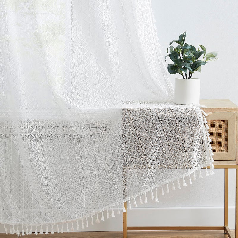 ZJDECOR White Lace Sheer Curtains 54 Inch Length Boho Geometric Pattern Curtains with Tassel 2 Panels Set for Living Room Bedroom  Rustic Linen Rod Pocket Window Treatment Drapes  40""x54""x2 - Image 3
