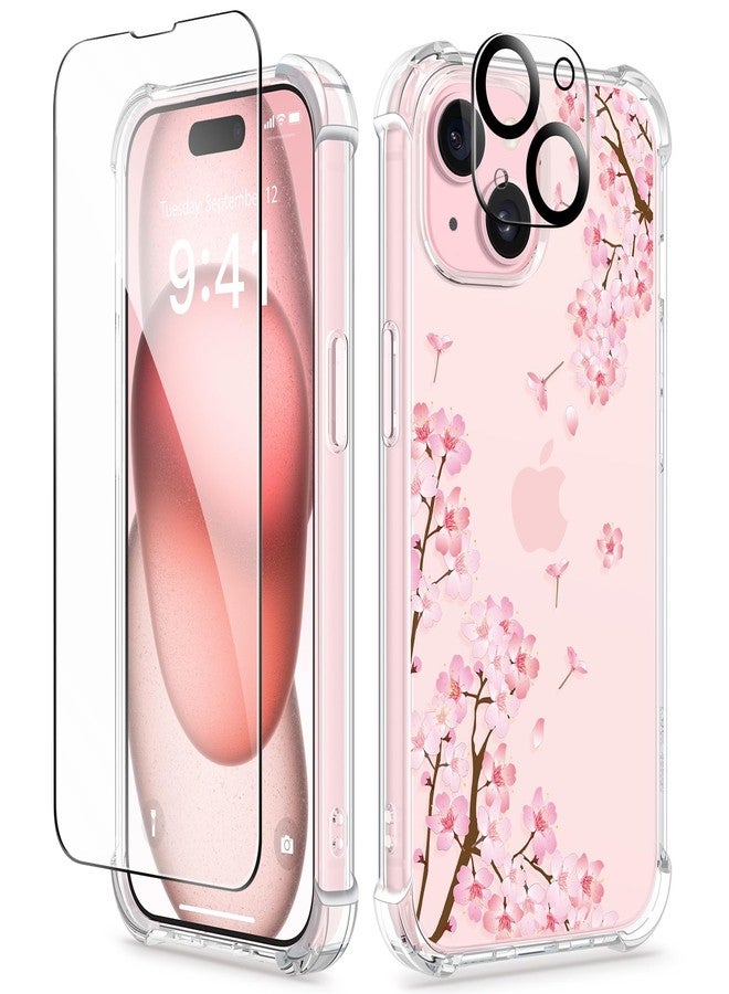 GVIEWIN Case Compatible with iPhone 15 Plus 6.7" 2023,with Screen Protector+Camera Lens Protector,Non-yellow Flower Clear TPU Slim Shockproof Anti-Scratch Protective Cover (Sakura/Pink) - Image 1